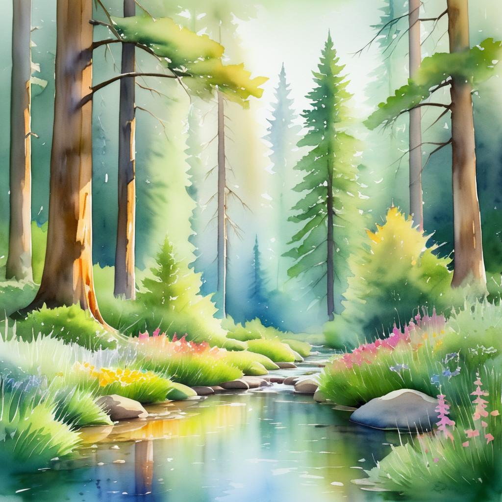 Serene Watercolor Forest Landscape Scene