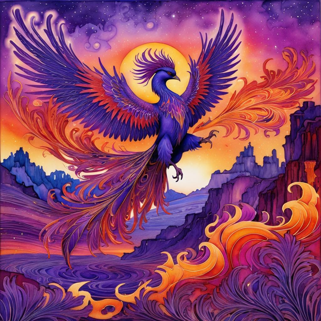 Magical Purple Phoenix in Fiery Landscape