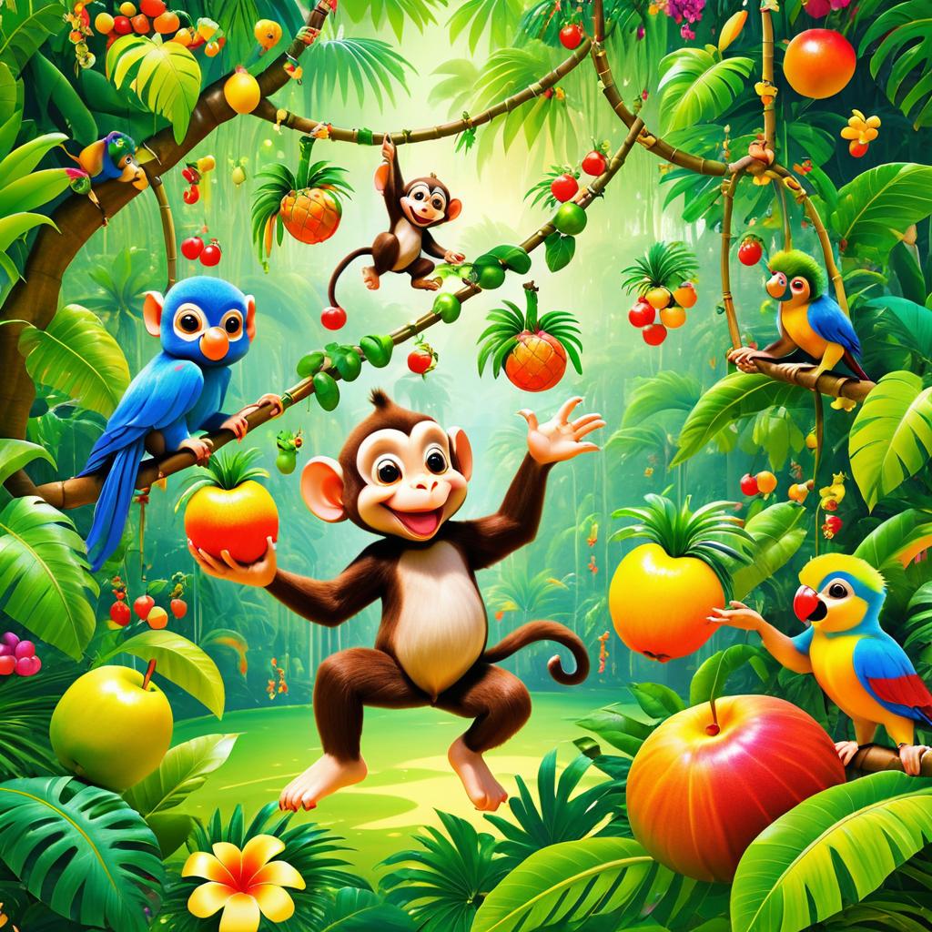 Cheeky Monkey Juggling Fruits in Jungle