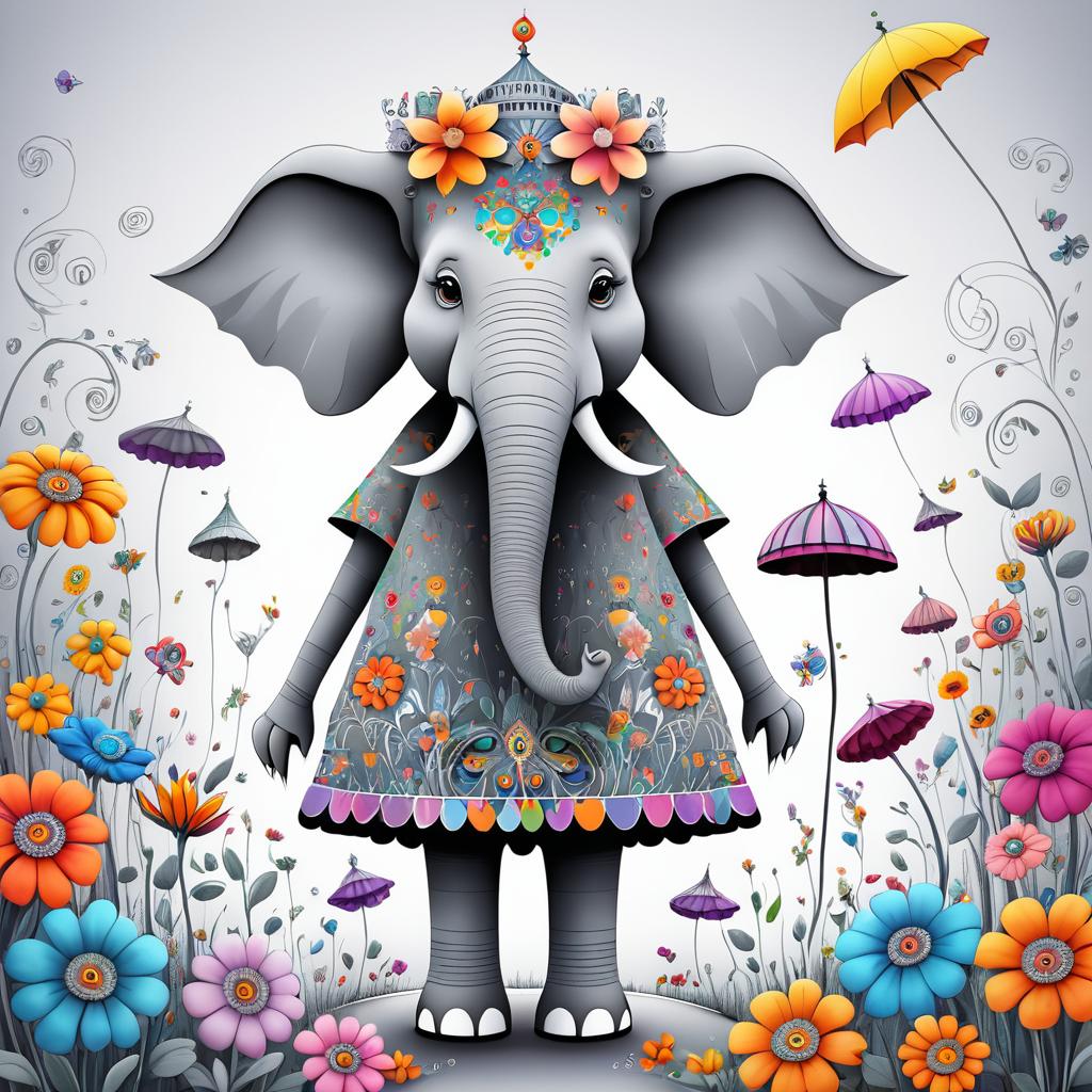 Whimsical Burtonesque Elephant in Bloom