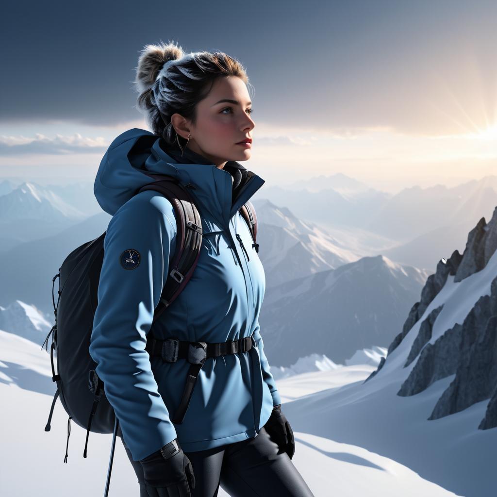 Cinematic Woman on Snowy Mountain Peak