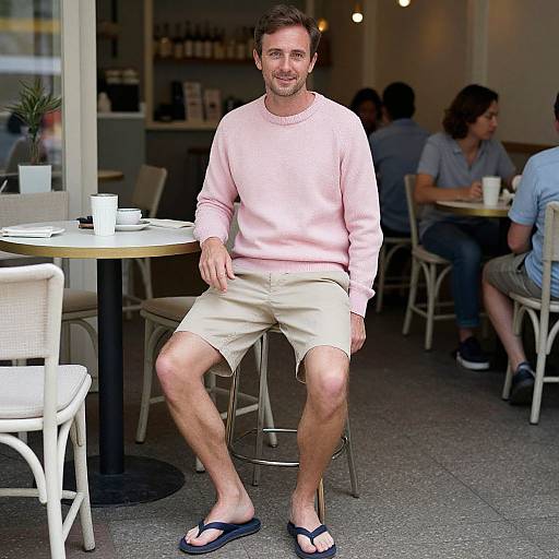 Photograph of a smiling man with short brown hair, wearing a light pink sweater, beige shorts, and navy flip-flops, seated at a café