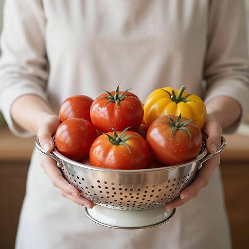Woman Holding Colander of Tomatoes