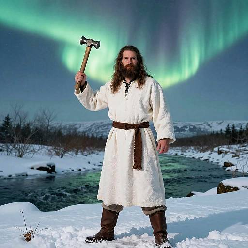 Bearded Man with Hammer in Snowy Aurora