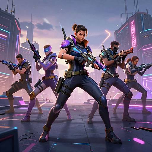 Digital artwork of five armed, futuristic soldiers in neon-lit, cyberpunk city, standing in combat-ready stances with glowing weapons and tactical gear.