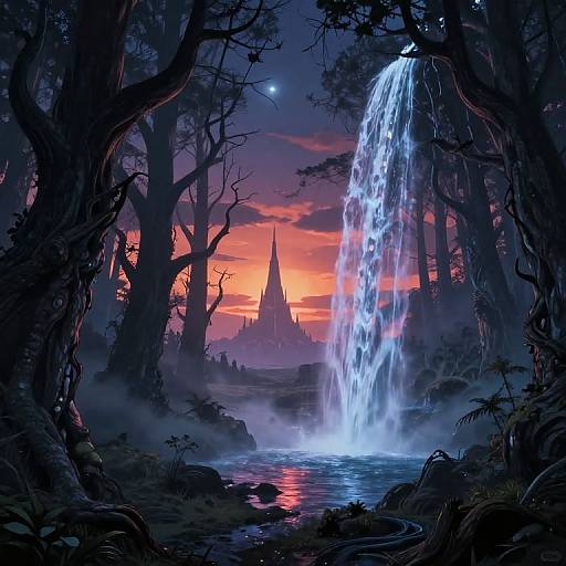 Digital fantasy artwork: Dark forest with towering waterfall, glowing sunset, silhouetted castle, moonlit sky, misty pond, vibrant colors.