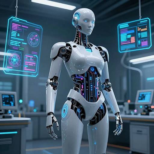 Photorealistic CGI of a sleek, white humanoid robot with blue neon accents, standing in a futuristic control room with glowing holographic screens.