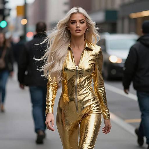 Woman in Metallic Gold Outfit Walking Down City Street