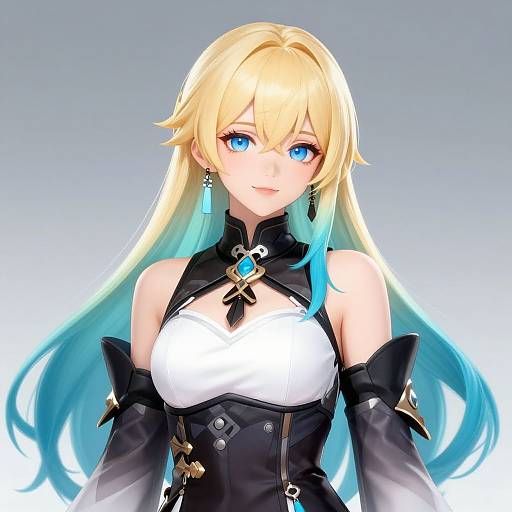 Digital anime-style drawing of a blonde woman with blue eyes, long hair with blue tips, wearing a black and white outfit, against a gradient background.