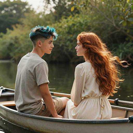 Romantic Teal Undercut Couple on Rowboat