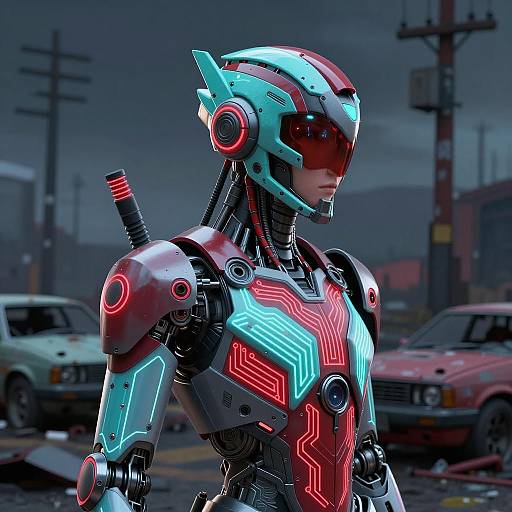 Cyberpunk Android Warrior in Wasteland