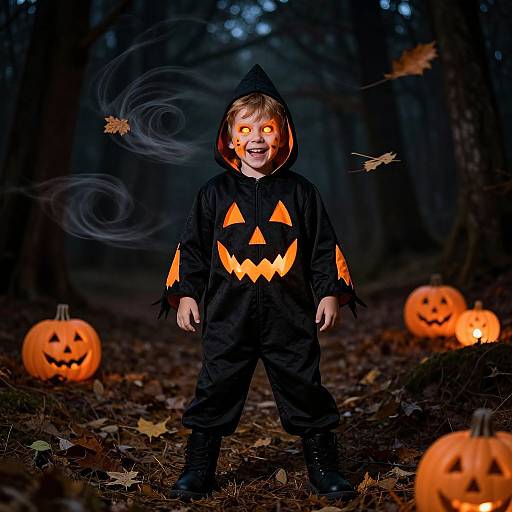 Photograph of a smiling child in a black Halloween costume with glowing orange jack-o'-lantern face, standing in a dark forest with glowing pumpkins