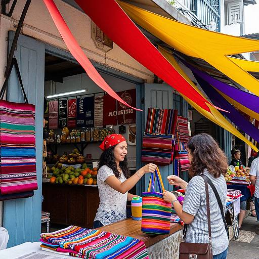 Photograph of two women shopping at a vibrant, colorful market stall with rainbow-striped awnings, displaying multicolored woven bags and fresh fruits.