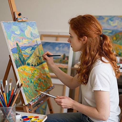 Photograph of a red-haired woman in a white shirt painting a vibrant, impressionist-style landscape on an easel in an artist's studio.