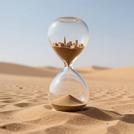 Photograph of a glass hourglass in a desert, with small wooden city models inside, sand flowing, and clear blue sky background.