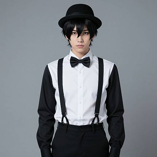 Photograph of a young Asian man with black hair, wearing a black bowler hat, white shirt, black bow tie, black suspenders, and