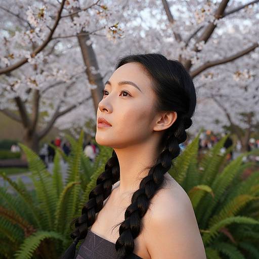 Photograph of an Asian woman with braided black hair, wearing a strapless black dress, standing amidst cherry blossoms and green ferns.