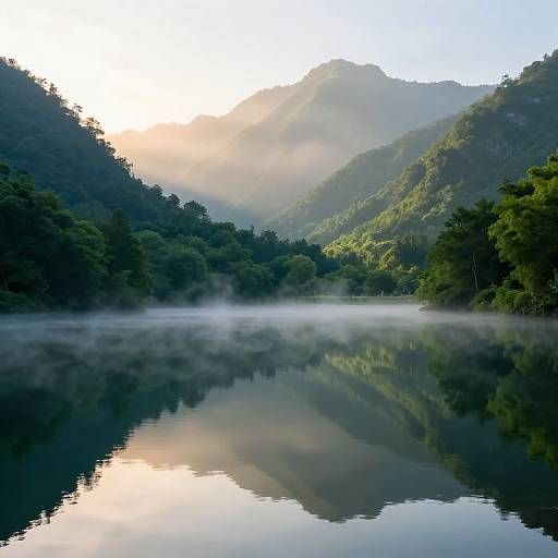Photograph of a misty, serene mountain lake at sunrise, reflecting lush green trees and mist-covered hills, with soft sunlight filtering through.