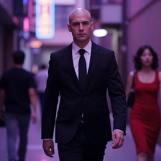 Bald Man in Neon Alley Scene