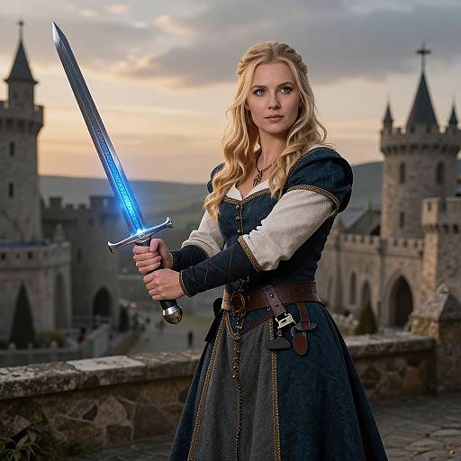 Photograph-style digital art of a blonde woman with blue eyes, holding a glowing blue sword, in medieval castle courtyard at sunset.