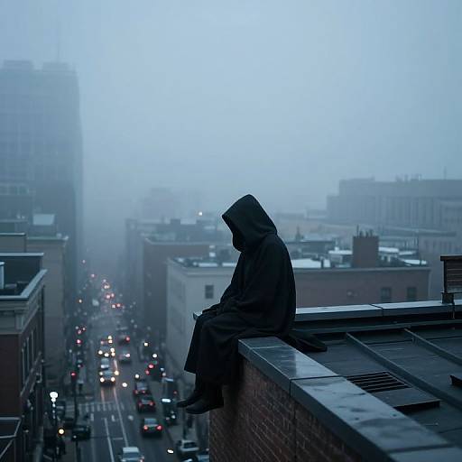 Enigmatic Cloaked Figure on Rooftop