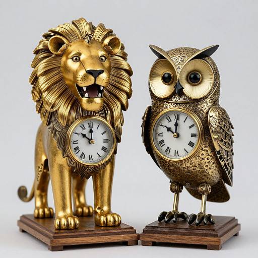 Clockwork Lion and Owl Sculpture