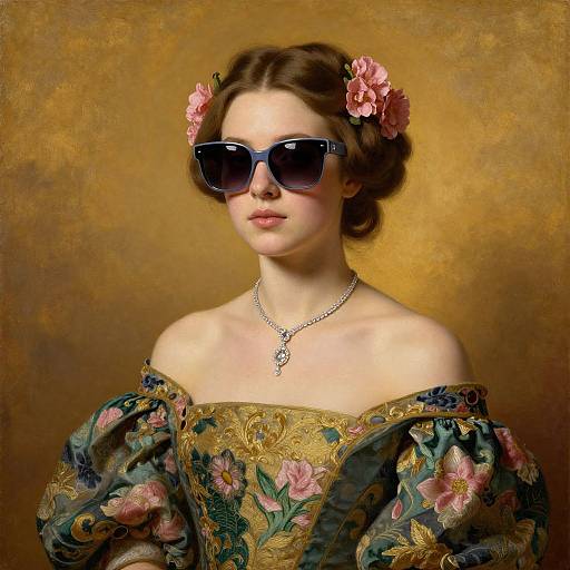 Digital portrait of a fair-skinned woman with brown hair in pink flowers, wearing oversized black sunglasses, an off-shoulder floral dress, and a