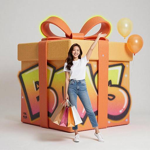 Korean Woman Shopping with Giant Graffiti Gift Box