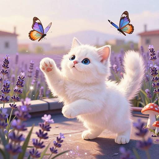 Adorable white kitten with blue eyes, reaching up to two colorful butterflies in a lavender field with a red mushroom. Digital art.