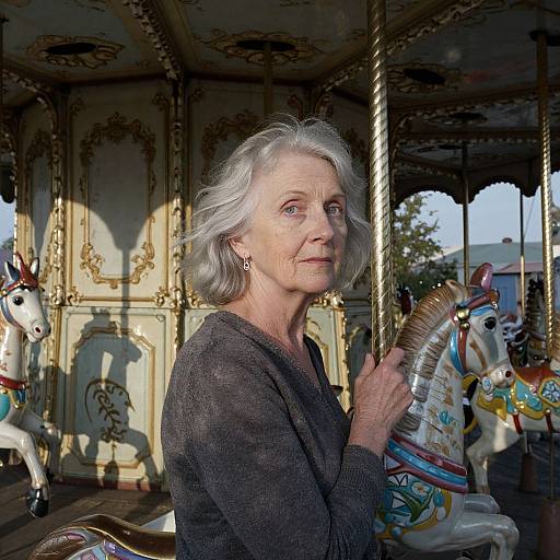 Photograph of an elderly woman with silver hair, wearing a dark sweater, holding a colorful carousel horse, in a vintage, sunlit carousel.