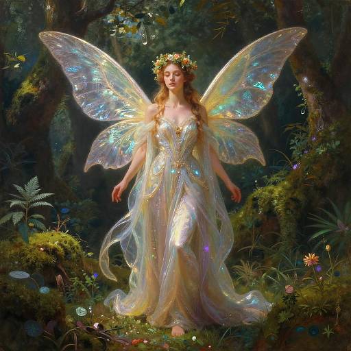 Digital painting of a fairy with iridescent wings, golden dress, and flower crown, standing in a mystical forest with glowing plants.