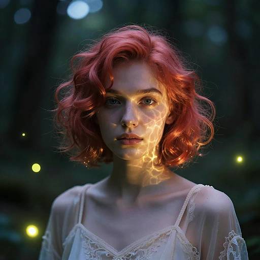 Ethereal Woman with Red Curly Hair in Mystical Forest