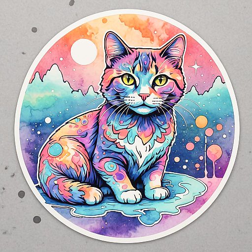 Psychedelic Floating Cat Sticker Design Psychedelic Floating Cat Sticker Design