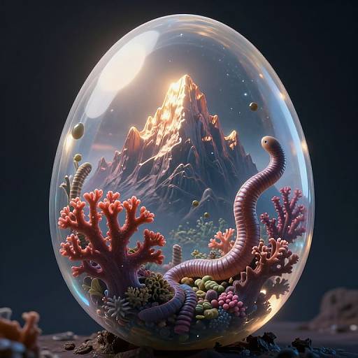 Photorealistic CGI of a clear glass sphere containing vibrant pink coral, a curled purple worm, small green and yellow sea creatures, and a majestic,