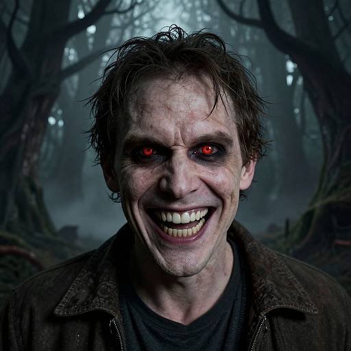 Digital artwork of a sinister man with glowing red eyes, disheveled hair, and a wide, menacing grin in a dark, foggy forest.