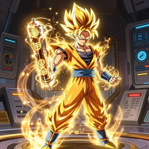 Digital artwork of Super Saiyan Goku standing in a futuristic room, surrounded by fiery energy, holding a glowing, energy-filled hammer.
