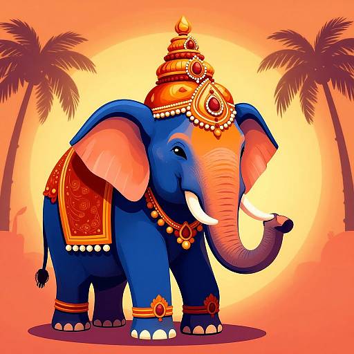 Vibrant digital illustration of a blue elephant adorned with gold and red jewelry, standing against a sunset background with palm trees.