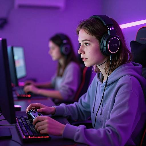 Photograph of two women in a purple-lit room, wearing headphones, focused on computer screens, seated at desks, typing.