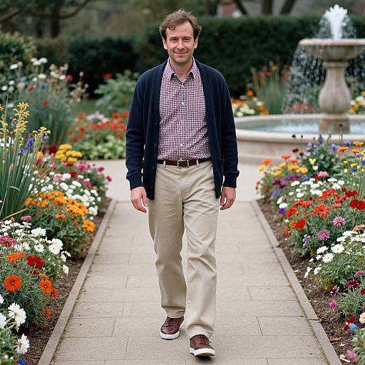 Photograph of a middle-aged man with short brown hair, wearing a checkered shirt, navy cardigan, beige pants, and brown shoes, walking