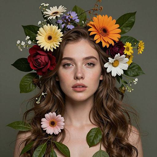 Photograph of a young woman with long, wavy brown hair, wearing a colorful flower crown with daisies, sunflowers, and roses,