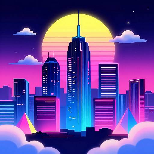 Digital art of neon-lit city skyline with tall skyscrapers, vibrant pink, blue, and purple colors, large yellow sun, and fluffy white