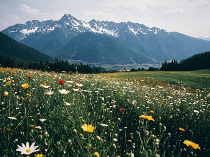 Serene Flower Field with Majestic Mountains