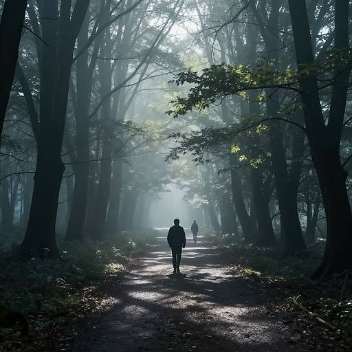 Photograph of a misty forest path with tall, shadowy trees. Two silhouetted figures walk away from the camera, sunlight filtering through