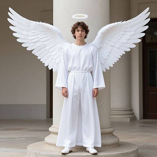 Photograph of a young man with curly brown hair, wearing a white angel costume with large wings, halo, and robe, standing in front of a