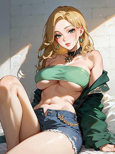 Woman in Sage Bandeau Crop Top and Ripped Denim Shorts