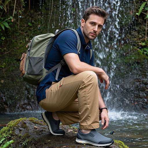 Photograph of a young, bearded man with short brown hair, wearing a navy shirt, tan pants, black sneakers, and a green backpack,