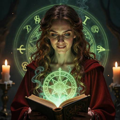 Mystical woman with long, wavy brown hair, glowing green magical circle, and book, surrounded by candles, dark background, witch-like robes
