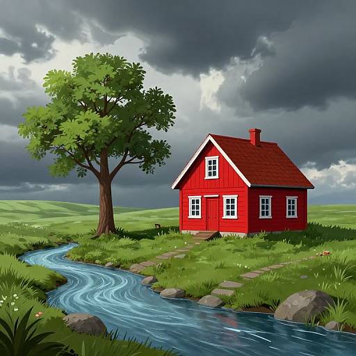 Digital illustration of a vibrant red wooden house with white trim, beside a winding blue stream, under a stormy, cloudy sky, with a large green