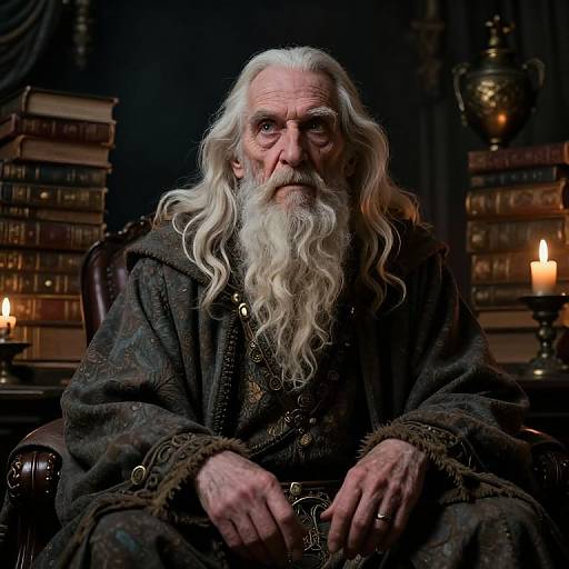 Photograph of an elderly, wise-looking man with long white hair and beard, wearing a dark, patterned robe, seated in a dimly lit