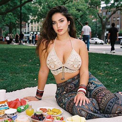 Photograph of a young woman with long dark hair, wearing a white lace halter top and patterned pants, sitting on a blanket in a park